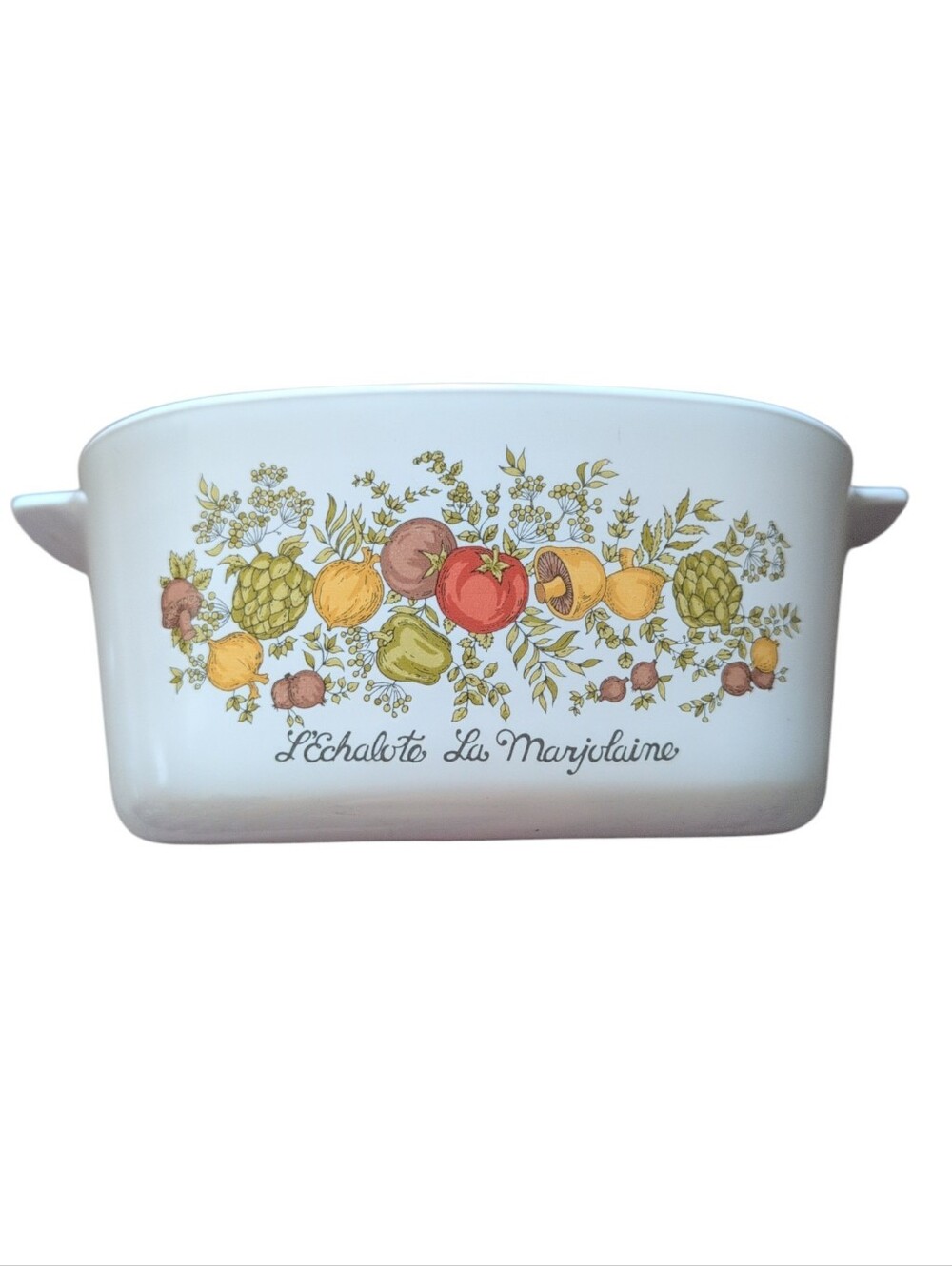 Corningware White Ceramic Baking Dish w/ Garden Vegetable Motif 2 dish Complete